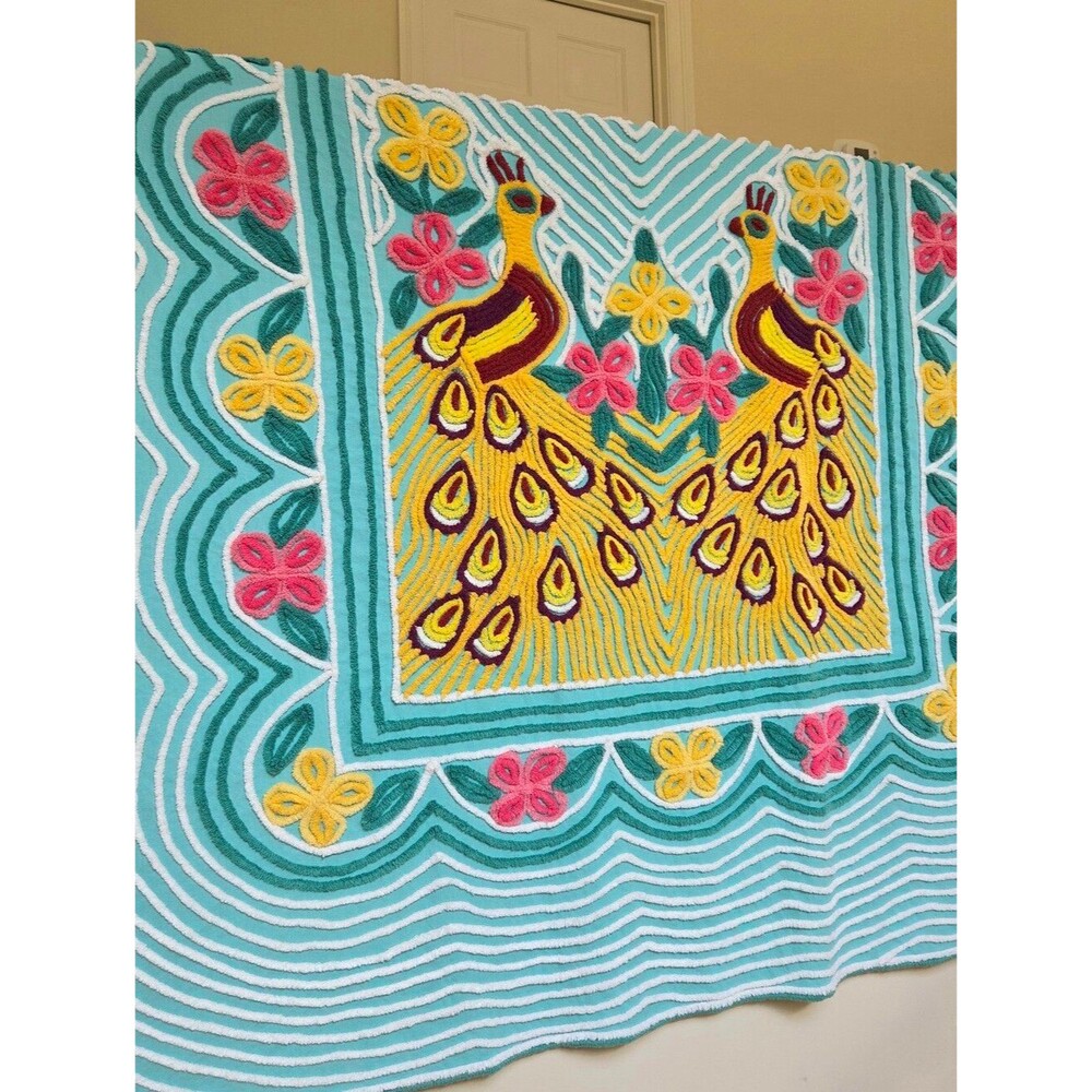 Vintage Chenille Peacock 1950s Bedspread 90" X 98" Teal and Yellow